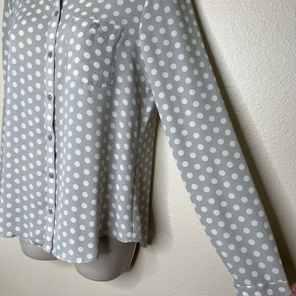 Loft Ann Taylor Gray Polka Dot Button Front Blouse Peter Pan Collar Women Small - Picture 4 of 10